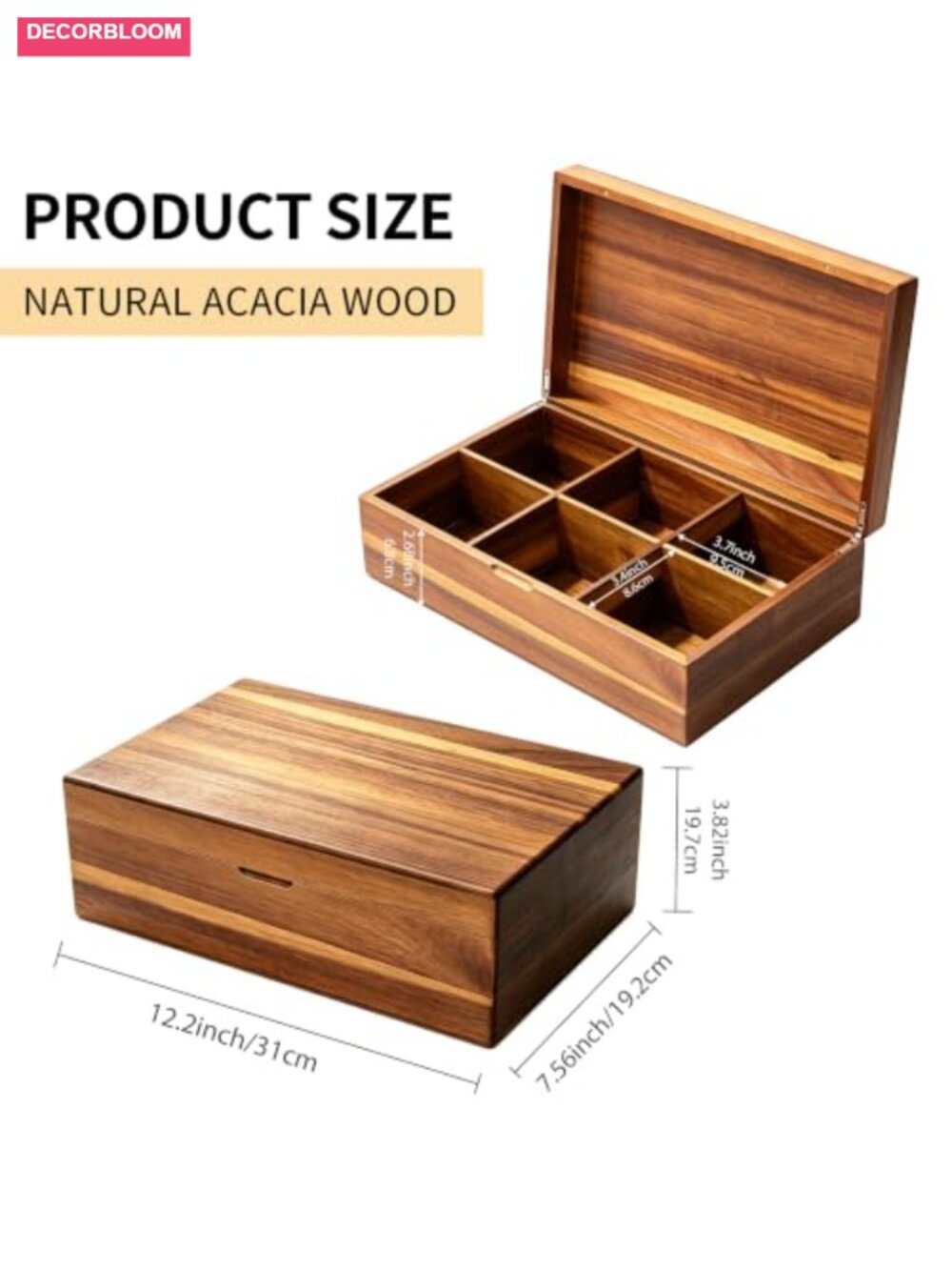 Acacia Wood Tea Bag Organizer Box Magnetic Lid 6 Compartment Tea Station - Picture 2 of 6